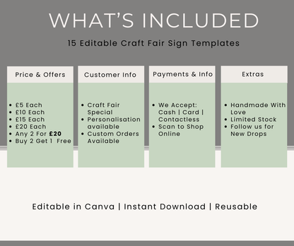 EDITABLE CRAFT FAIR SIGN TEMPLATES FOR CANVA | 15 MARKET & PRICE SIGNS