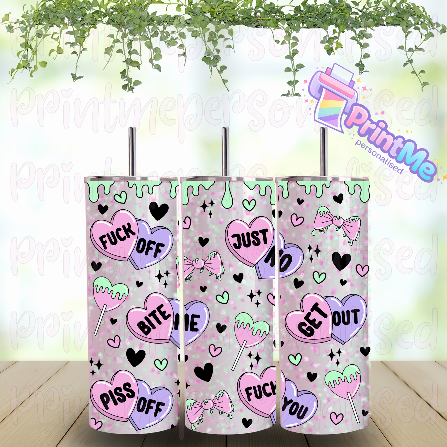 20oz stainless steel skinny tumbler with pastel candy heart swear word design and funny rude quotes