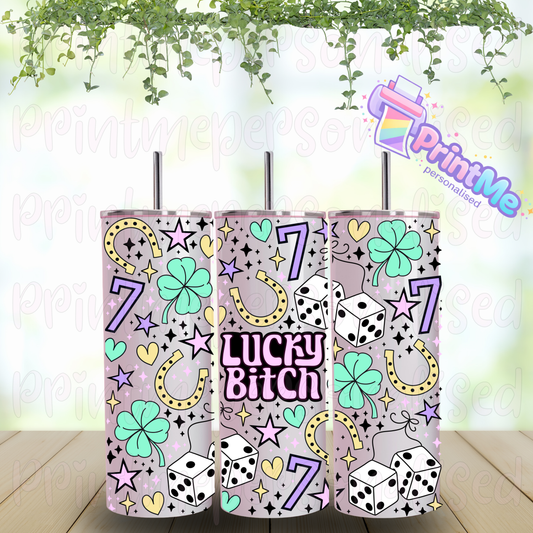 20oz stainless steel skinny tumbler with lucky bitch design, dice, horsoes and clover pattern